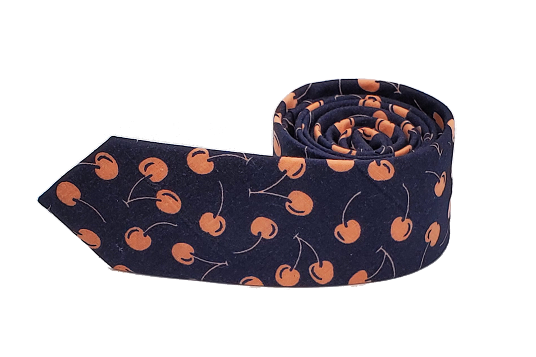 Tie - Dark Blue With Pink Cherries