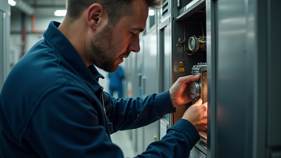 Eye-level view of a furnace technician inspecting a furnace unit