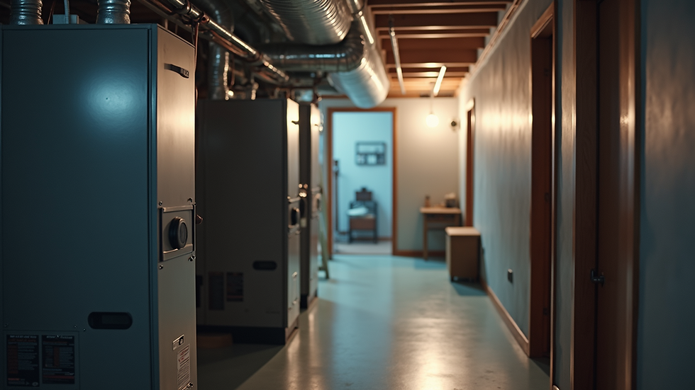 Eye-level view of a modern furnace unit in a residential basement
