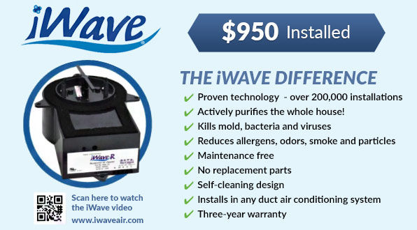 iWave air purifier. Highlights features: kills mold, reduces allergens, maintenance-free, self-cleaning.