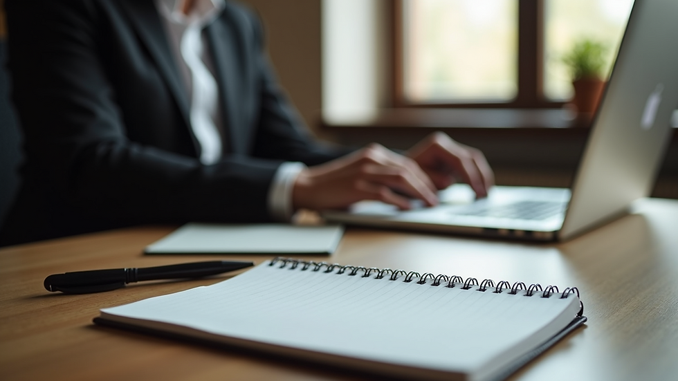 Close-up view of a writer's desk with a laptop and notepad