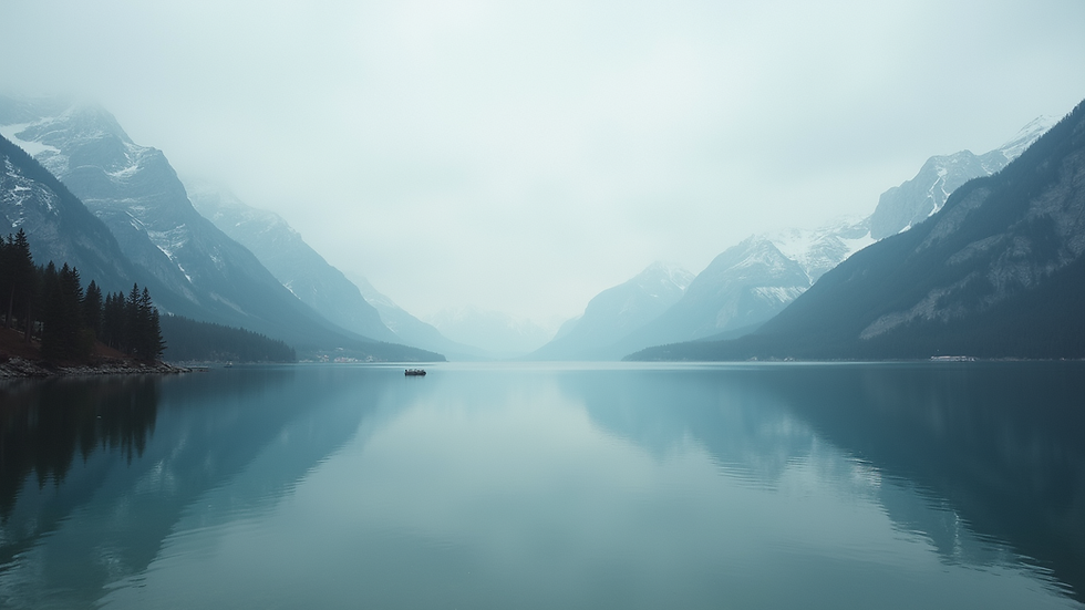 Eye-level view of a serene landscape with a calm lake and mountains