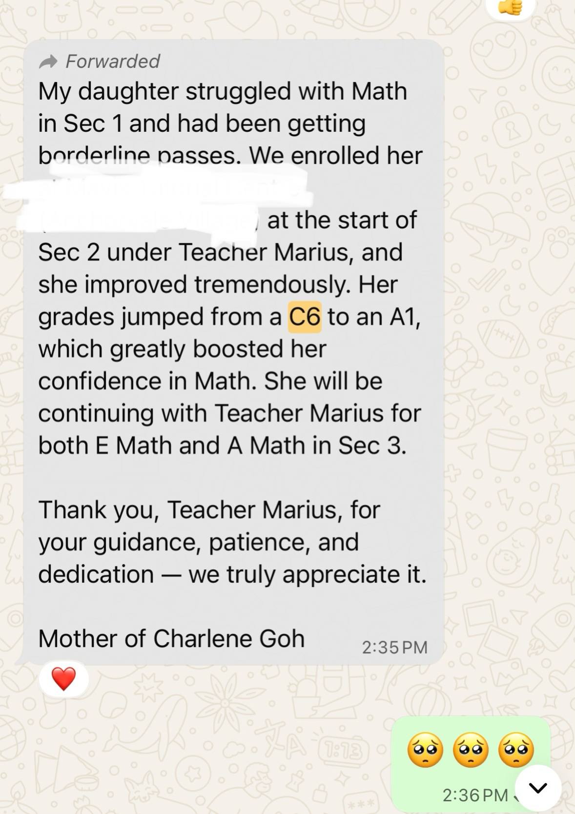 Testimonial for Teacher Marius