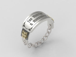A concept ring detailing the book title: The Master & Margarita by Mikhail Bulgakov.
Silver with gold plating and oxidized detail.