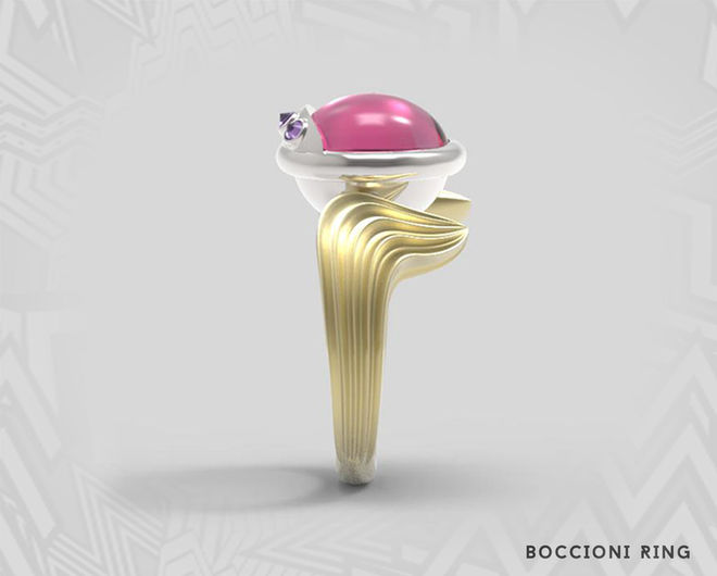A sculptural ring in yellow and white gold inspired by the work of Umberto Boccioni. Set with a pink tourmaline cabochon and reverse set amethysts.