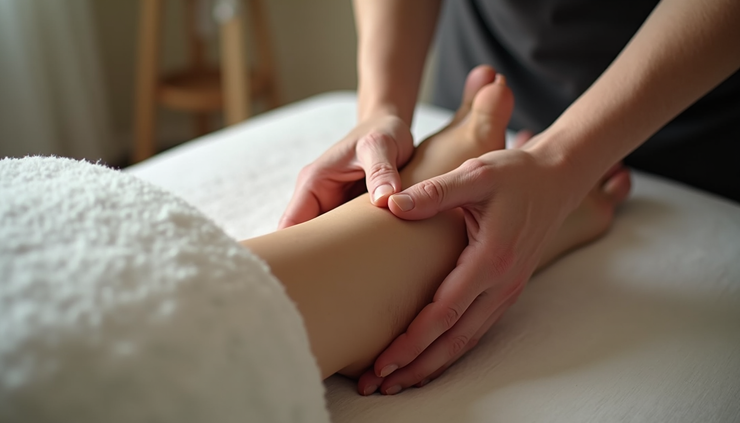 High angle view of hands applying acupressure on a foot during a holistic therapy session