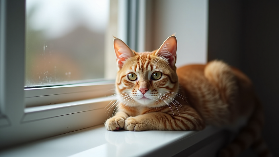 Eye-level view of a cozy cat resting on a windowsill
