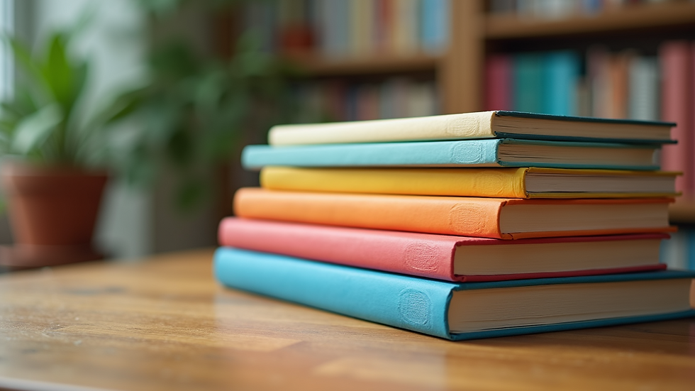 Close-up of a stack of colorful children’s books on a wooden table