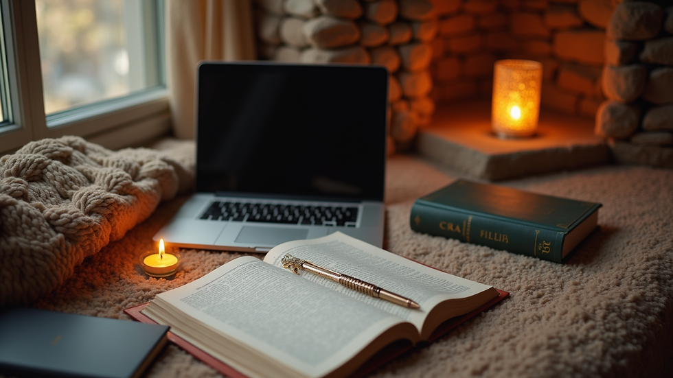 High angle view of a cozy writing nook with a laptop, books, and a candle