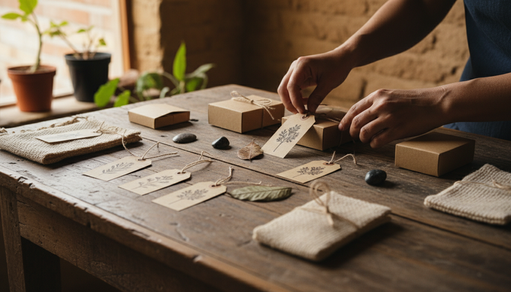 Primer plano de manos organizando etiquetas y empaques artesanales en una mesa de madera rústica