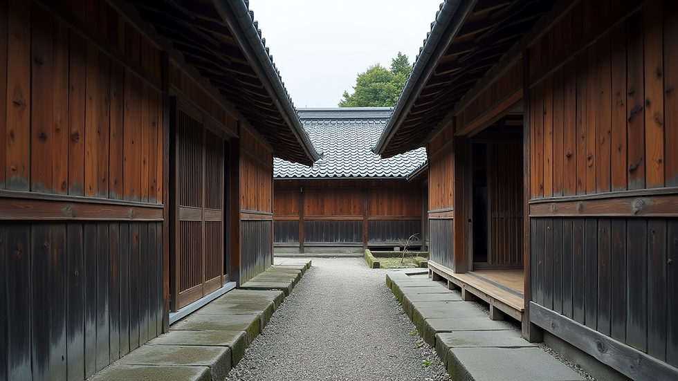 Eye-level view of a traditional Japanese house with charred wood