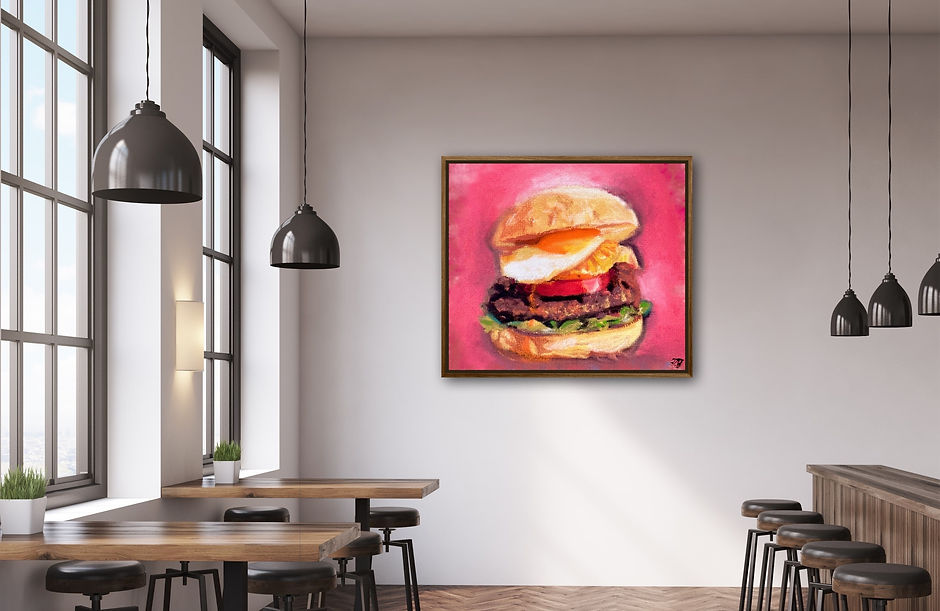 A hamburger soft pastel artwork by ORACULAR ART® in a restaurant setting. Restaurant and cafe art commissions.