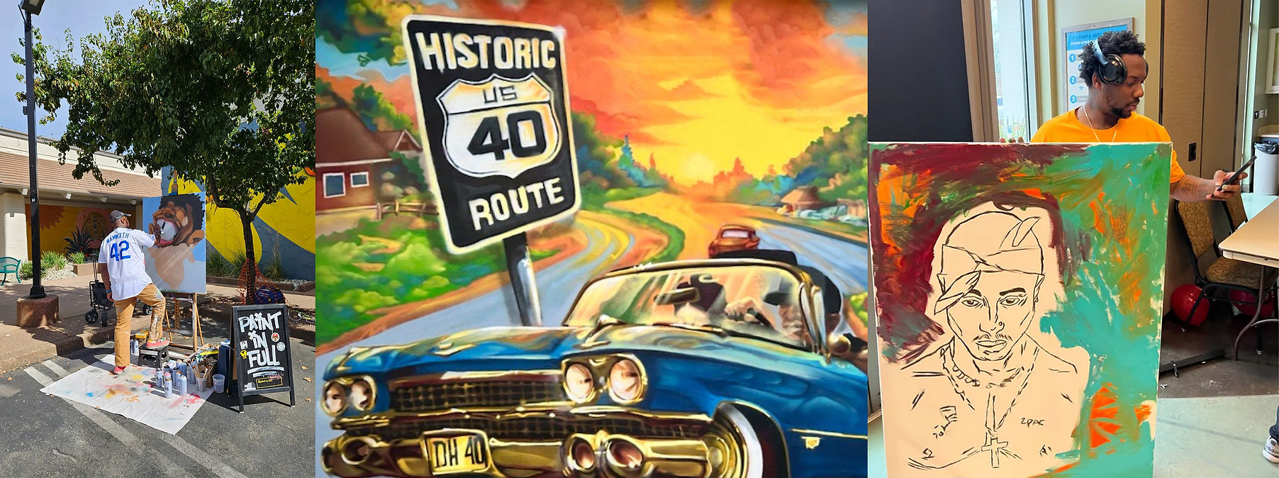 Collage of artists painting and mural of Historic US 40 Route