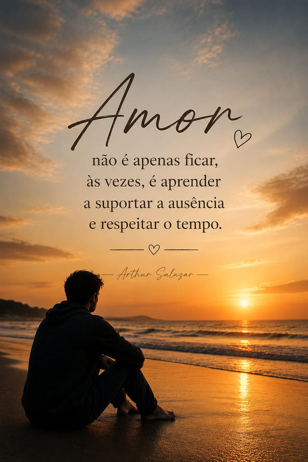 Homem sentado na praia ao pôr do sol, com texto sobre amor, ausência e tempo; céu laranja e mar calmo.