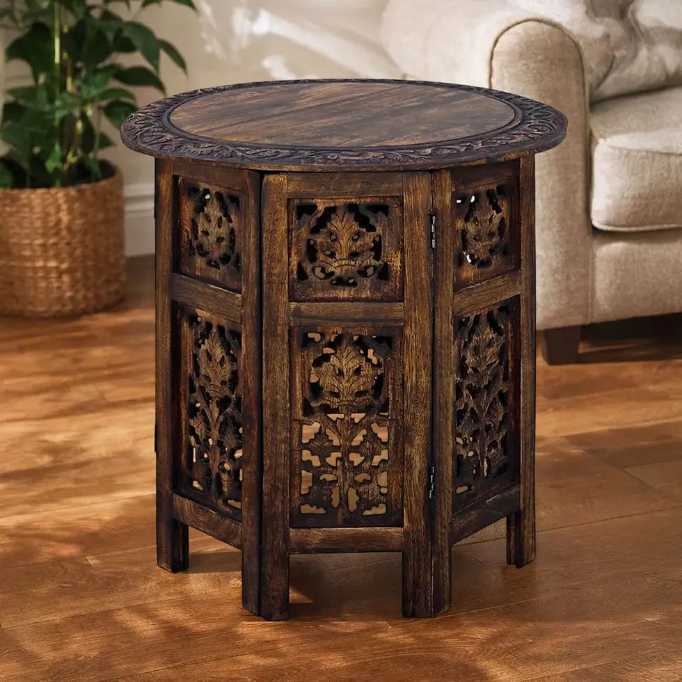 Thumbnail: Benzara 18" Hand Carved Mango Wood Folding Accent Table - Walnut Brown