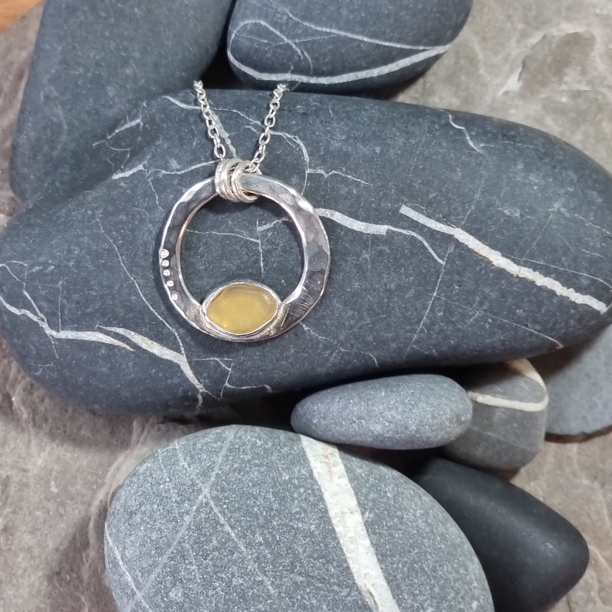 Silver and warm yellow sea glass circle pendant
