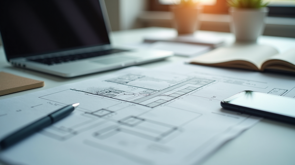 Close-up view of architectural plans and a laptop on a desk