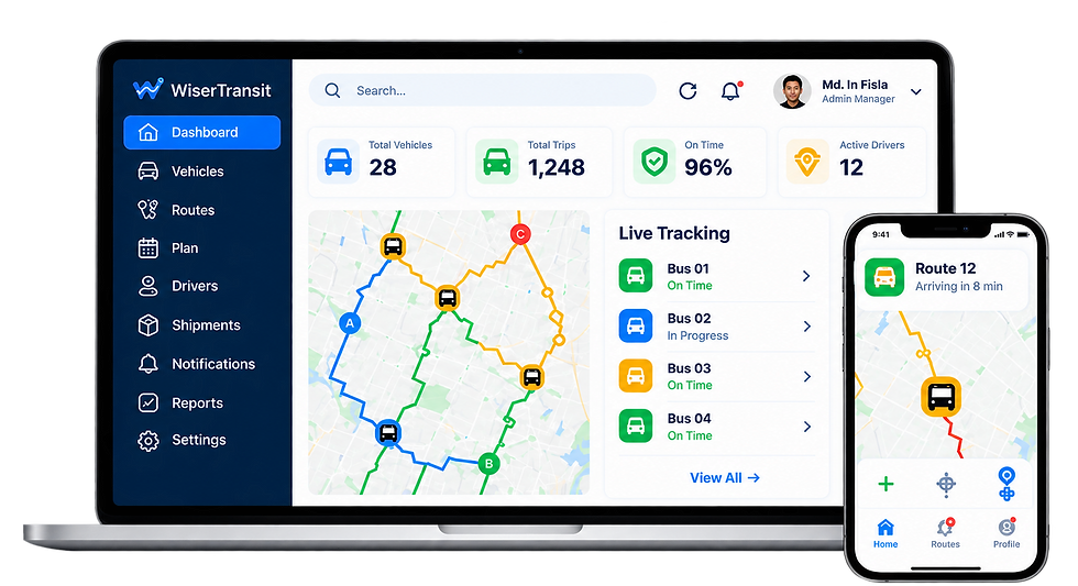 Wiser Transit transportation management software dashboard showing GPS fleet tracking and vehicle routes