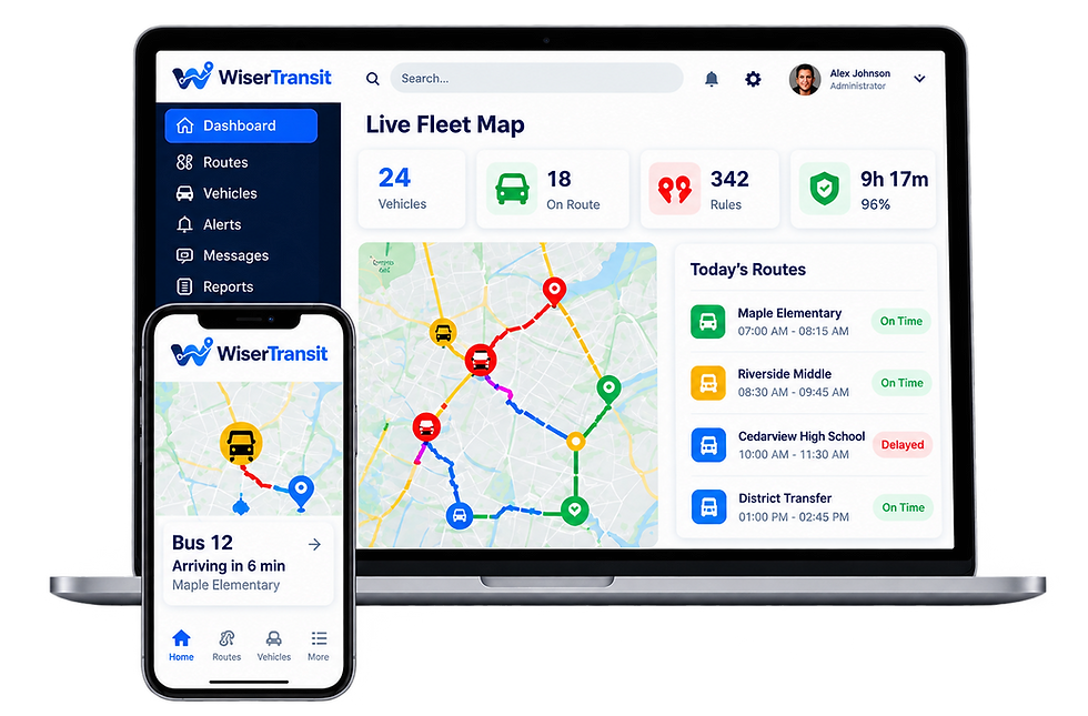 Wiser Transit transportation management software dashboard with GPS fleet tracking and vehicle route monitoring