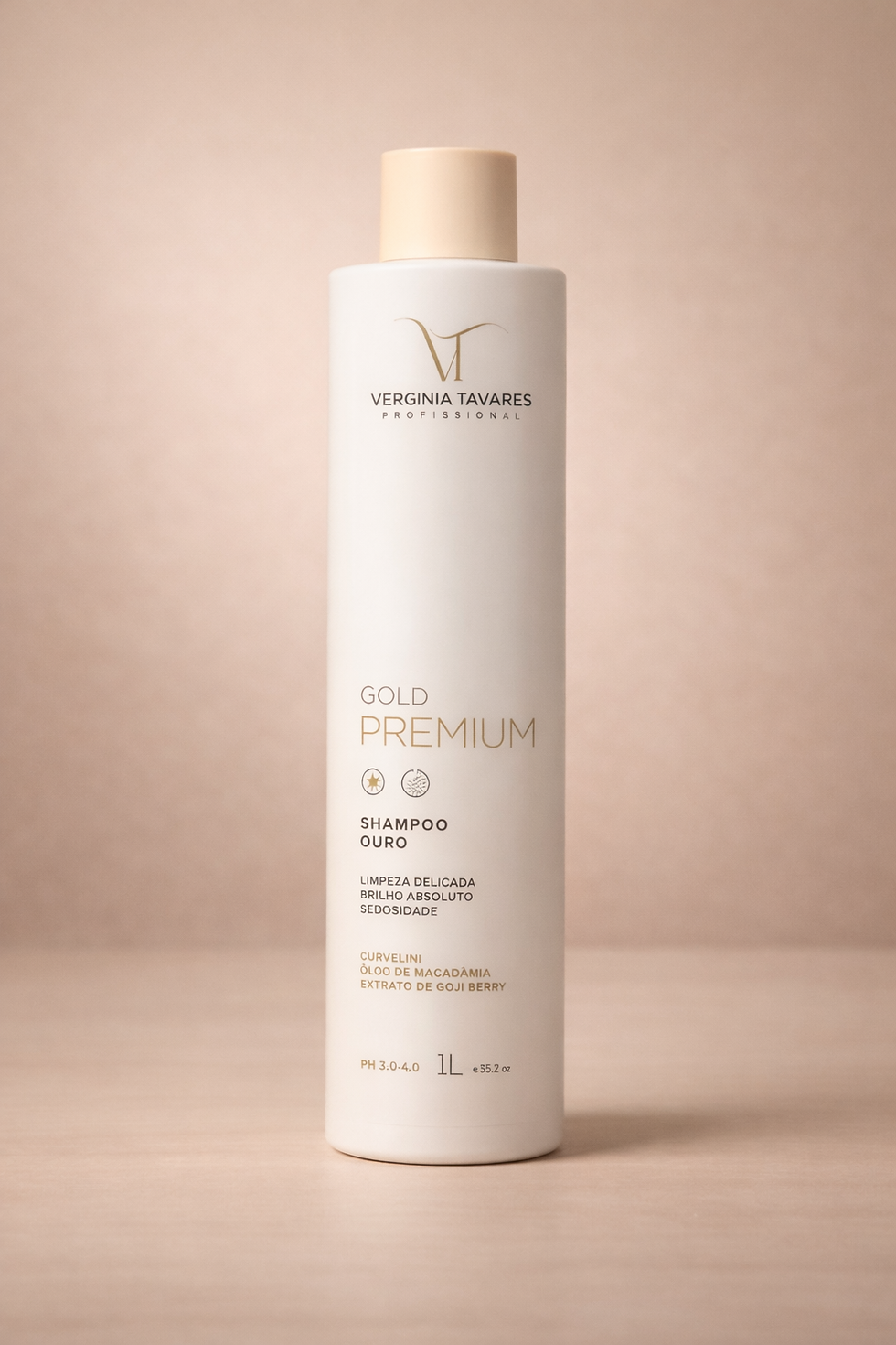 Pote cilíndrico grande de 1kg da Máscara Ouro Gold Premium. O frasco é branco com tampa dourada acetinada