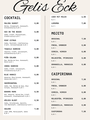 Cocktailkarte von Gelis Eck in Paguera mit Klassikern wie Sex on the Beach, Piña Colada, Solero, Kölsch Bloot sowie verschiedenen Mojito- und Caipirinha-Variationen.