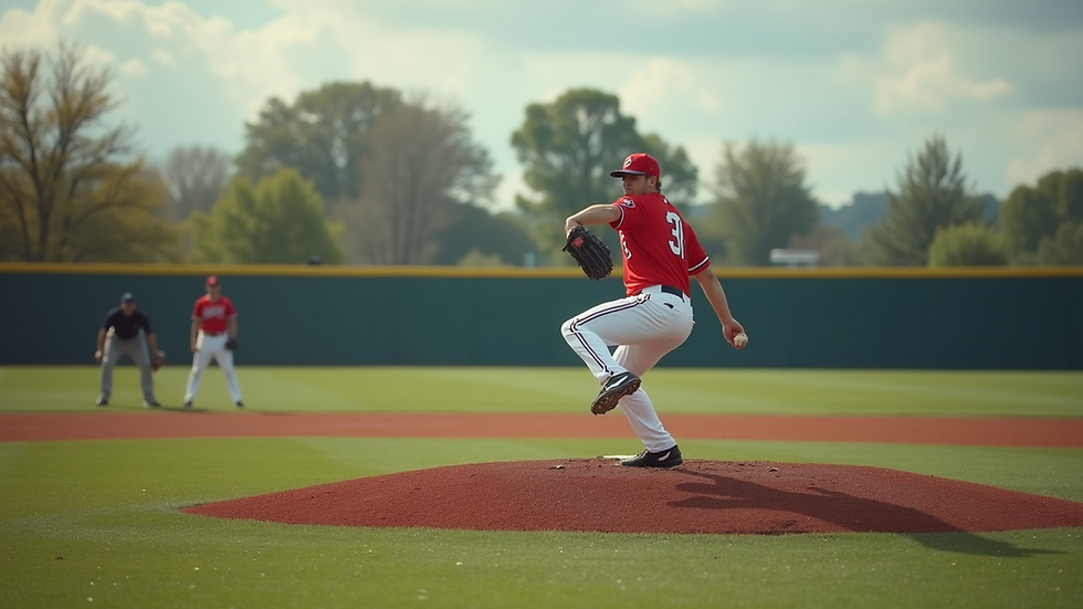 Eye-level view of a baseball pitcher in action