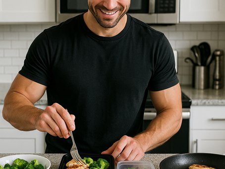 “Fit man in his 30s meal prepping healthy chicken, rice, and vegetables in a modern kitchen, representing simple nutrition strategies for busy men focused on fat loss and muscle growth.”