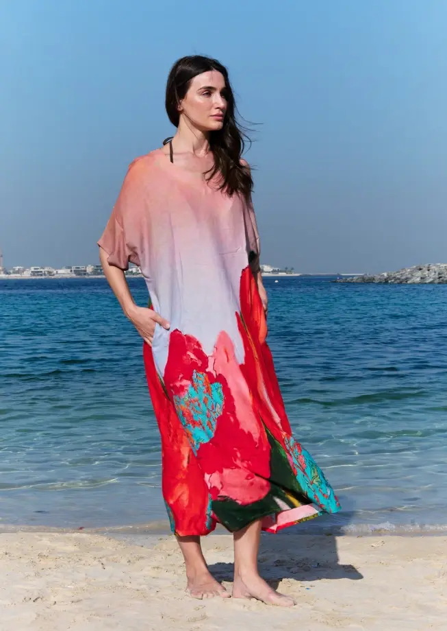 Coral Mirage Floral Long Kaftan