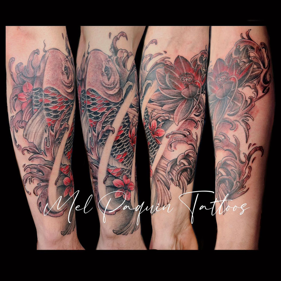 Red and black koi carp tattoo, lotus in Japanese style. Gatineau tattoo