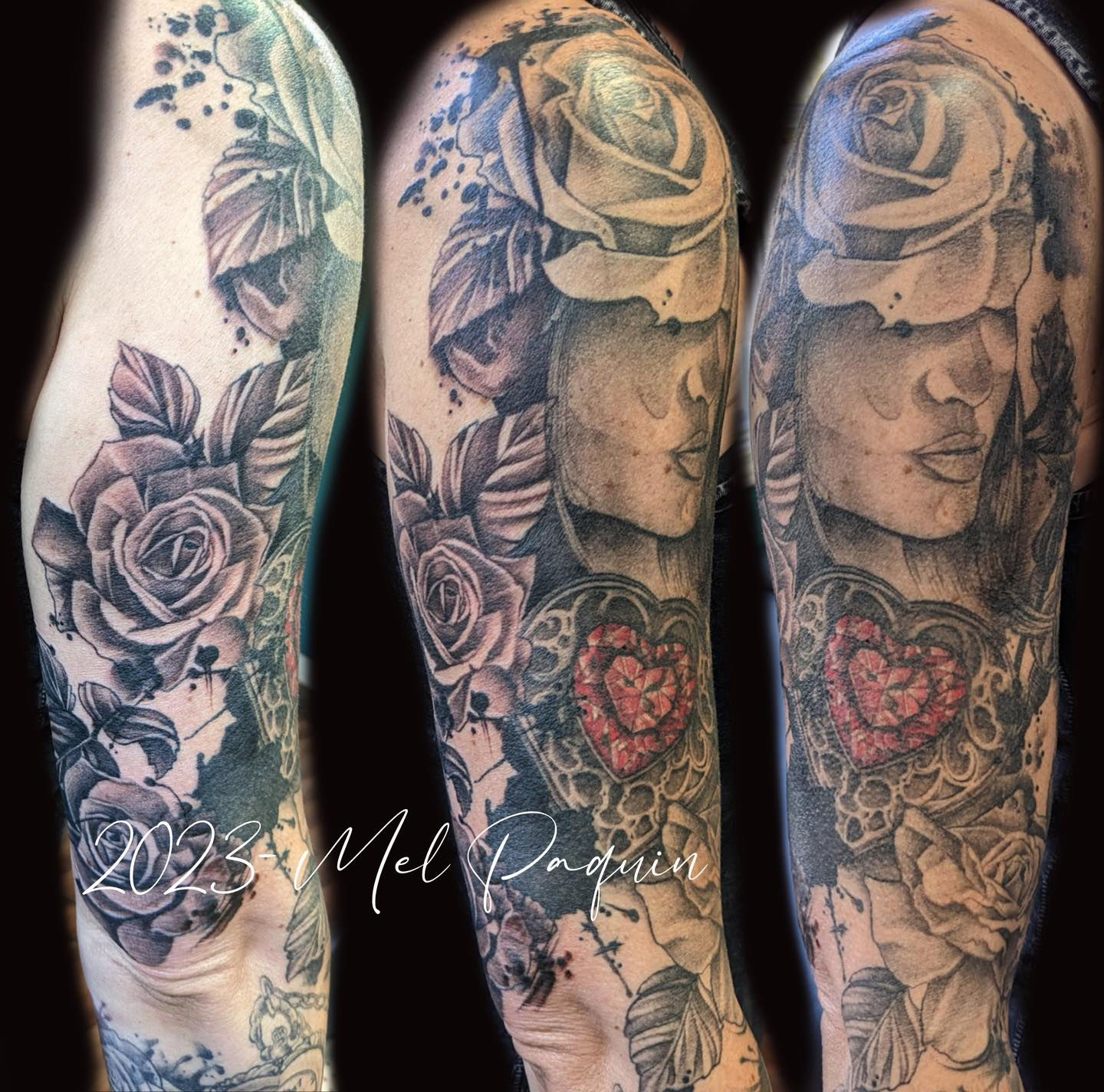 Tatouage roses et cœur diamant rouge avec détails de dentelle. tatouage Gatineau tattoo