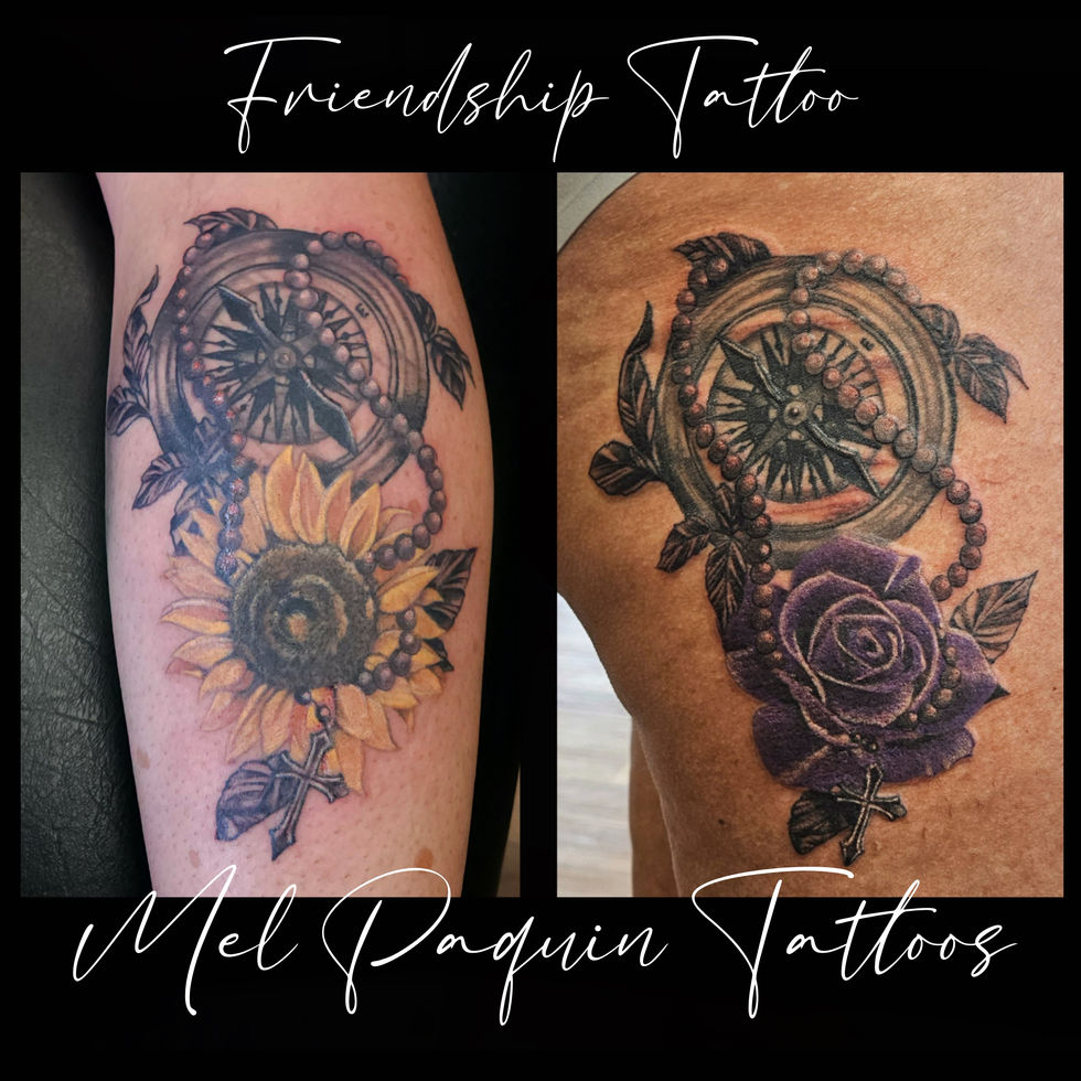Deux tatouages d’amitié noir et gris avec boussole, chapelet, croix, tournesol et rose, par Mel Paquin Tattoos Gatineau