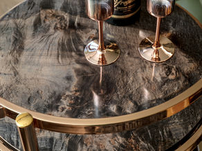 Rosegold Bar Cart w/ Exotic Ebonized Maple Wood Shelves