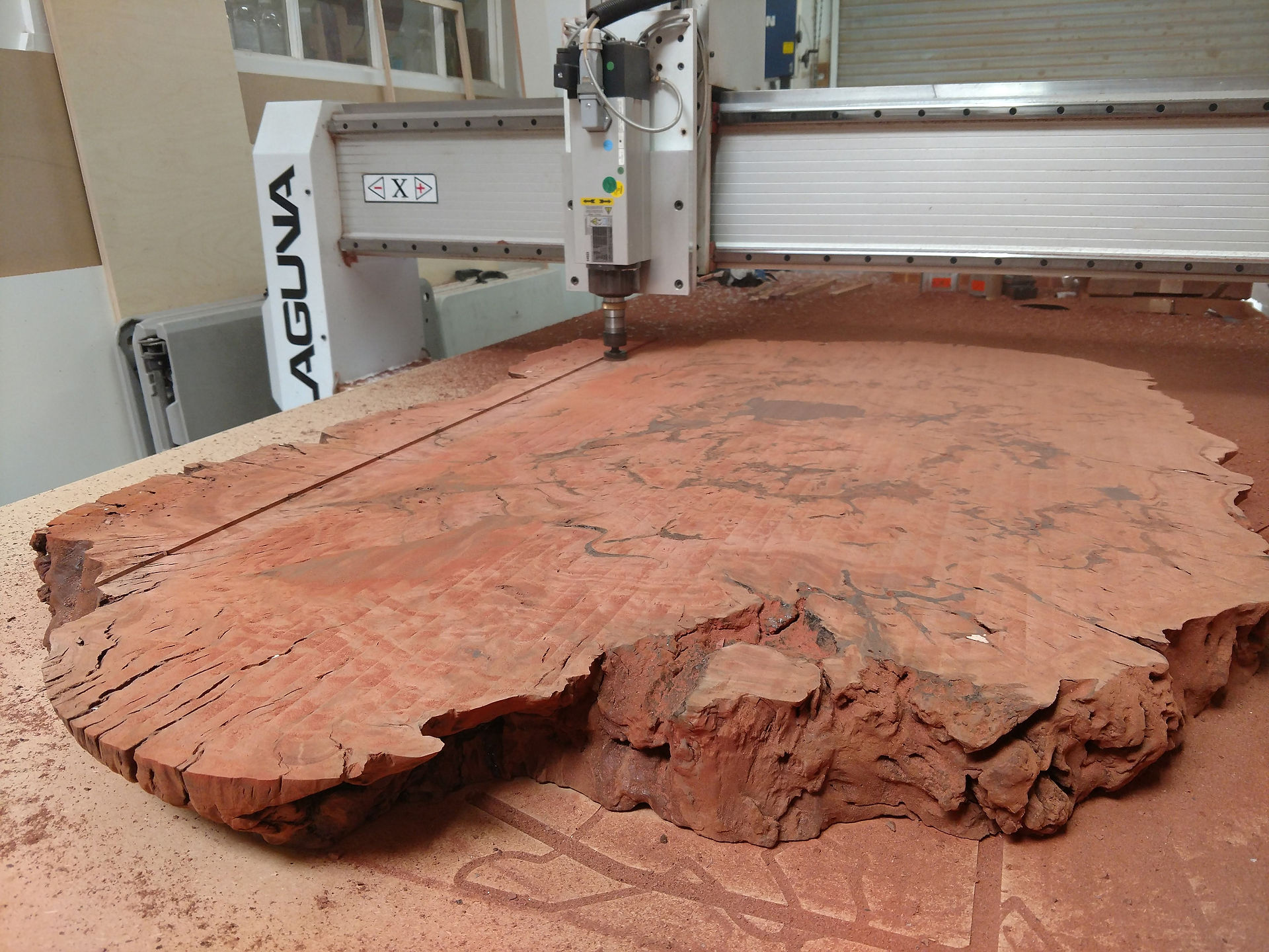 CNC flattening Red Gum Burlwood oval coffee table slab