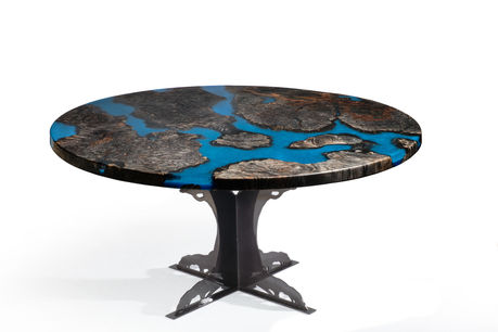 ebonized maple burl slab deep blue epoxy 58" round table