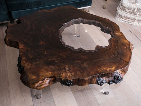 60" Walnut Burl w/ Glass Inlay, Canted 3" Lucite Legs