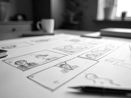 Storyboard laid out on a table, illustrating cinematic storytelling and branded content strategy by Soothsayer Media.