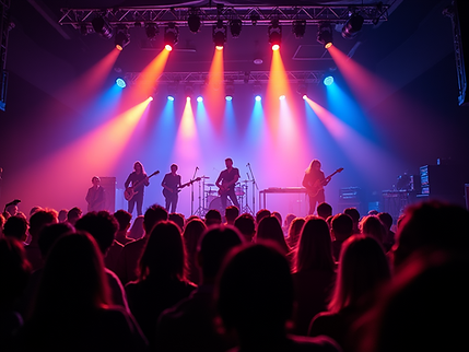 A dynamic stage setup showcasing a band performing under vibrant lights, capturing the ene