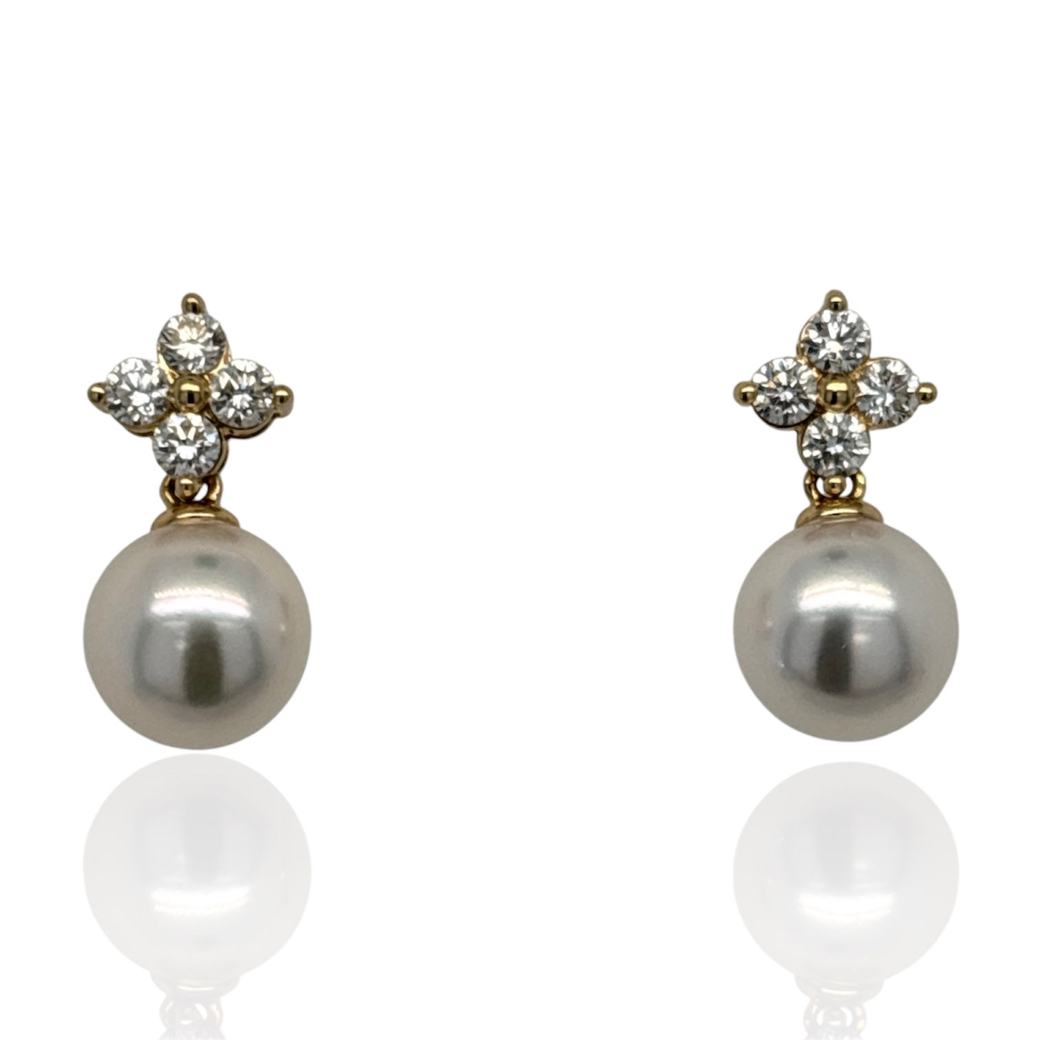 18CT YELLOW GOLD DROP STUDS SET WITH FOUR DIAMONDS & PEARL