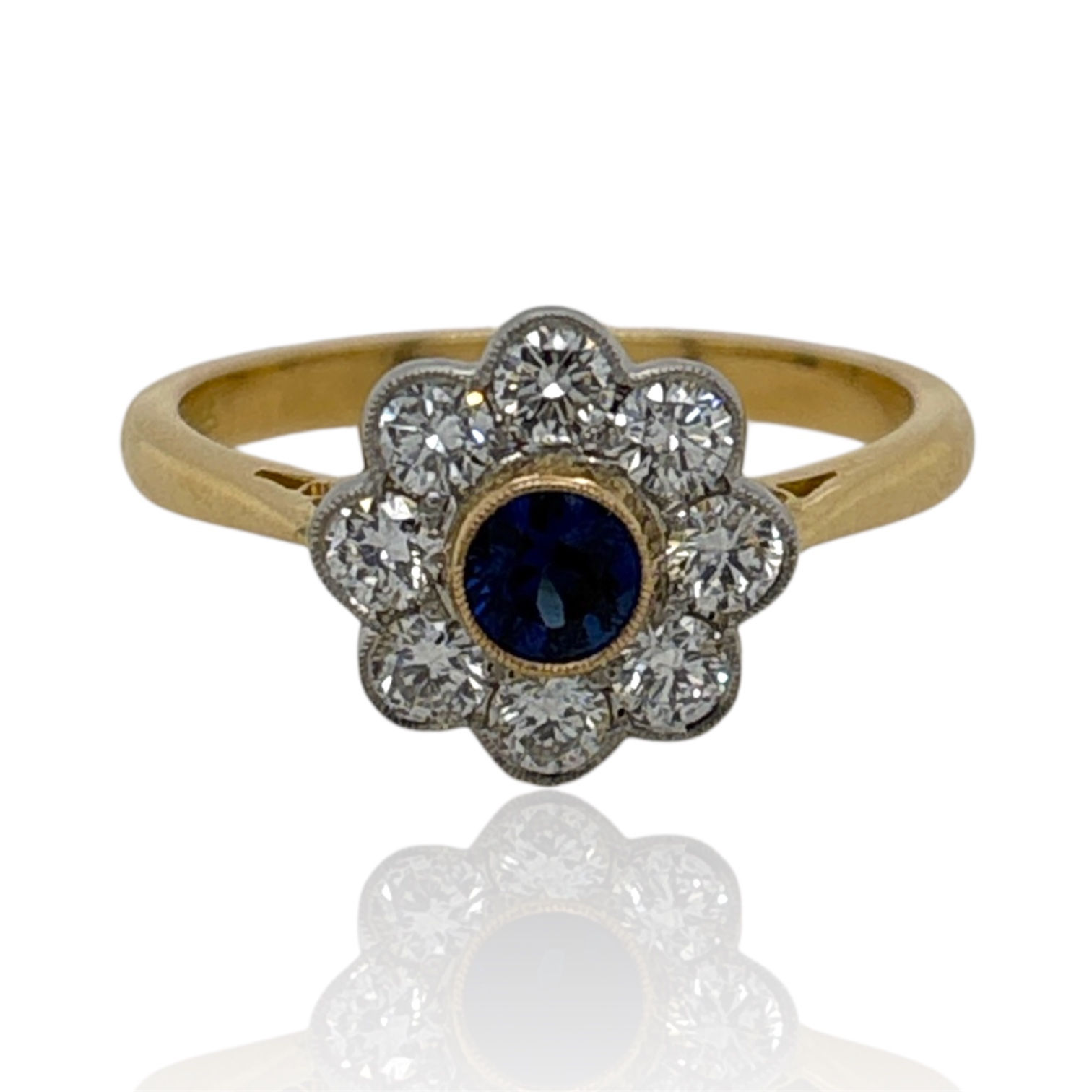 BLUE SAPPHIRE & DIAMOND FLOWER DESIGN CLUSTER RING
