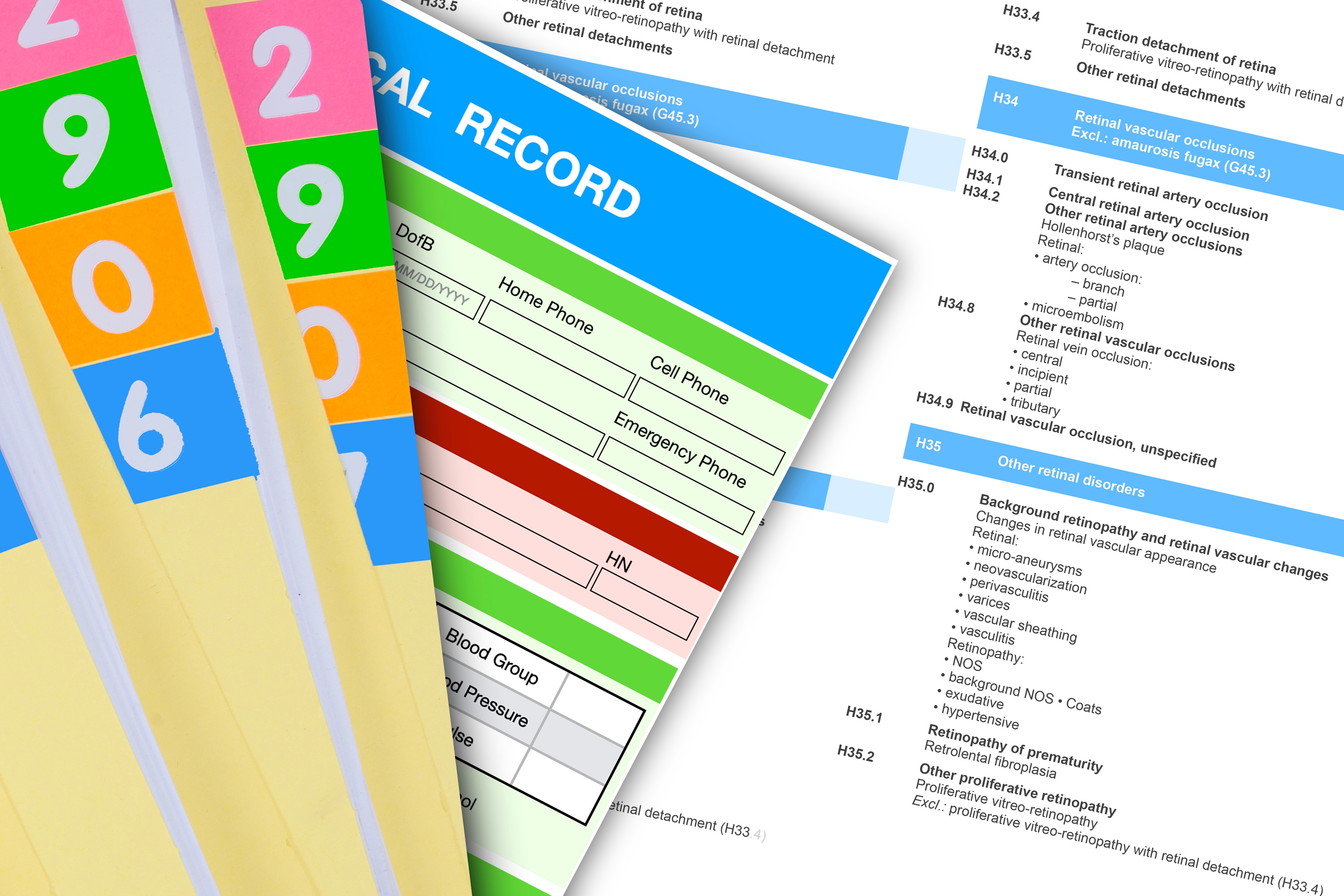 Blank patient information documents in medical records files stacked on top of ICD-10 dise