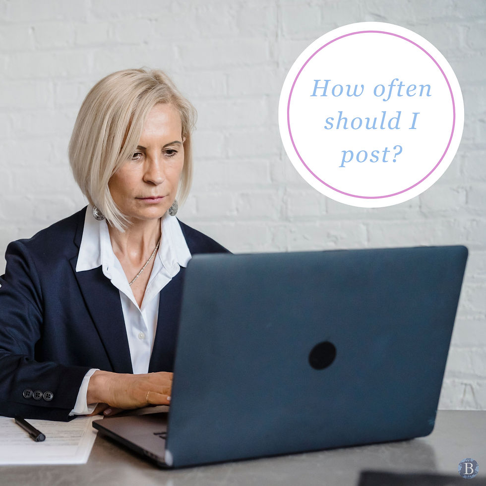 Photo of Middle-Aged Woman Looking at Laptop. Graphic text overlay says "How Often Should I Post?"