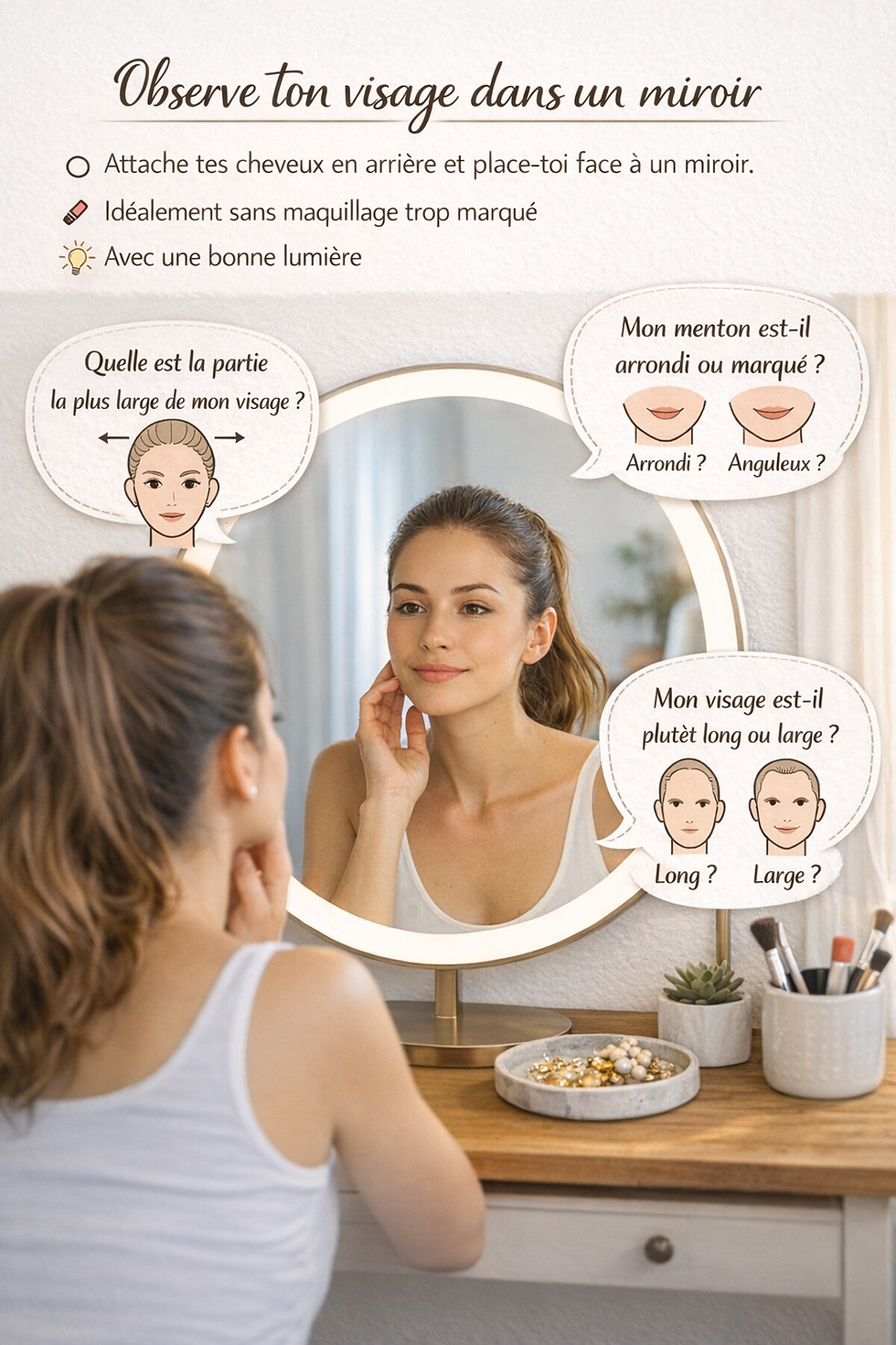 Femme se regardant dans le miroir  pour comprendre la forme de son visage
