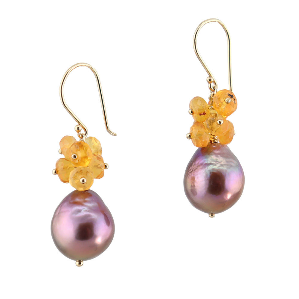 Pearl with Fire Opal Cluster Earrings in 14k Yellow Gold