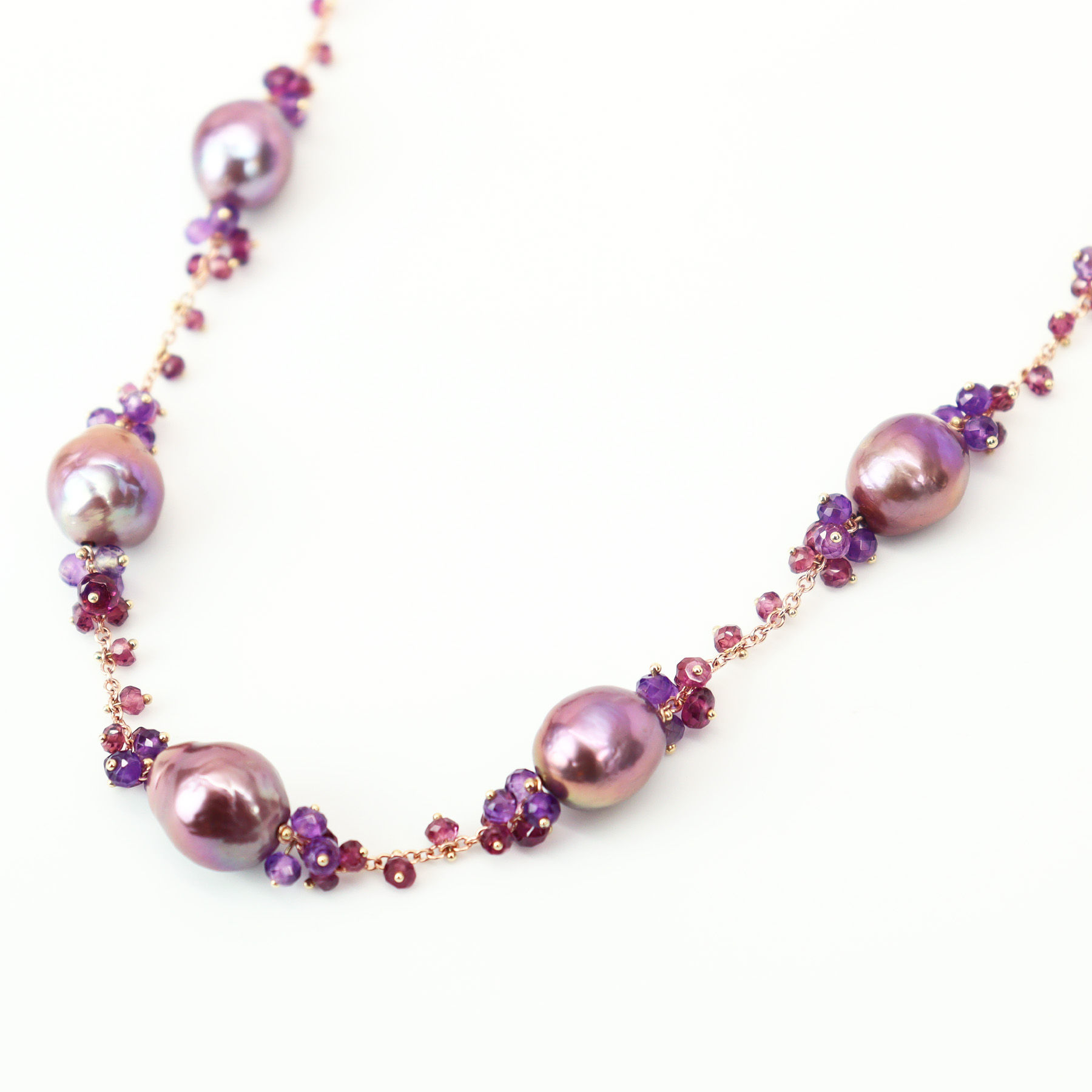 Pearl Ruffle Dancer Necklace, Tourmaline, Garnet & Amethyst