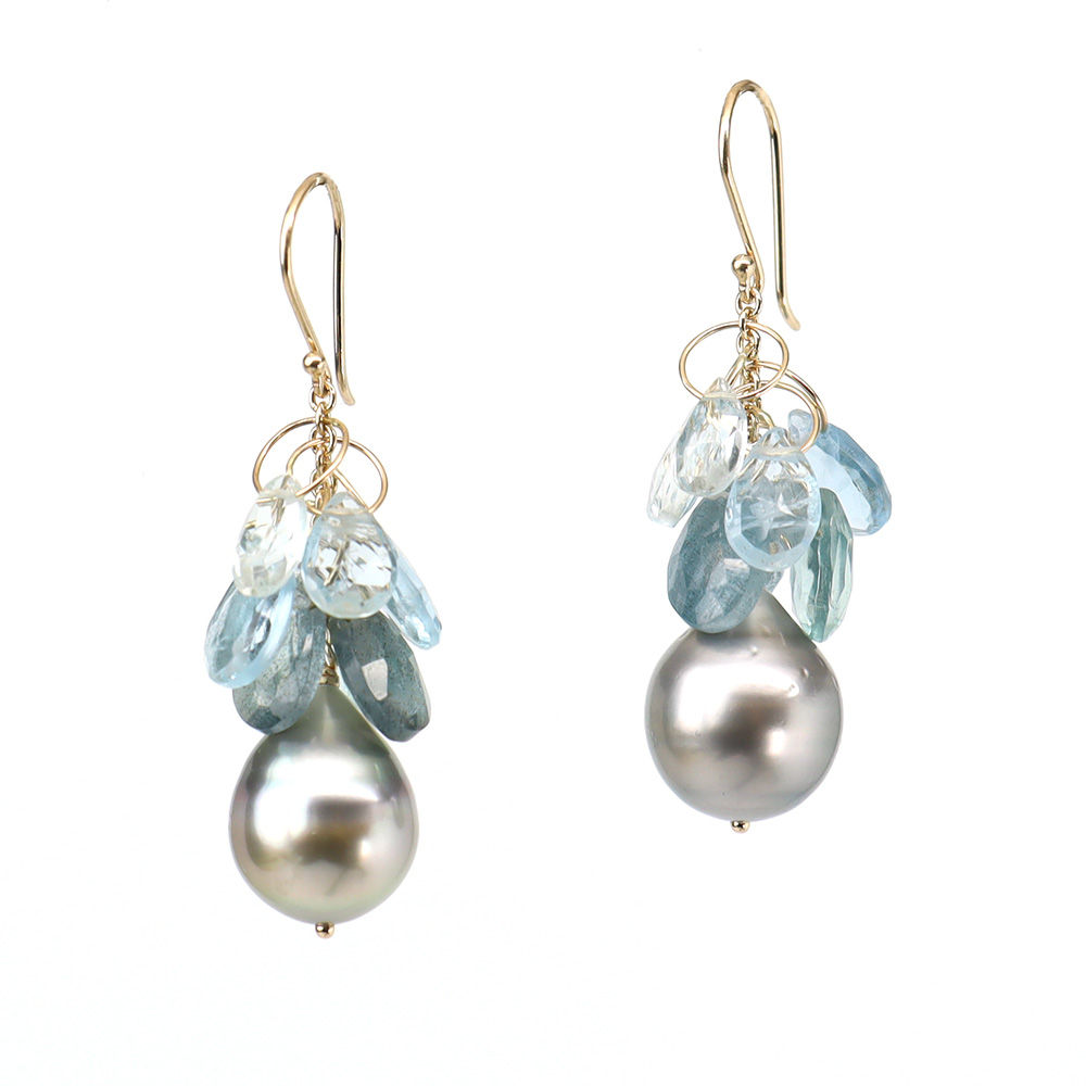 Tahitian Pearl with Aquamarine and Kyanite Loop Cascade 14k Earrings