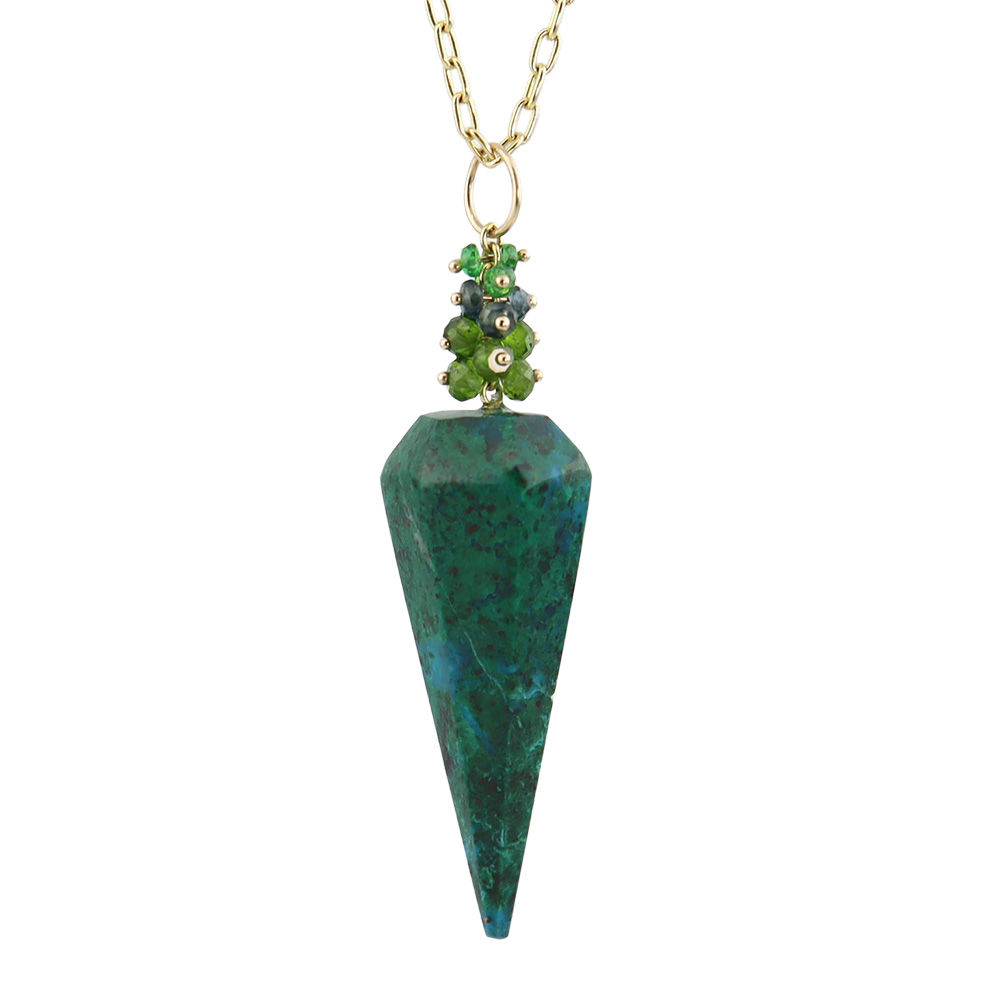 Chrysocolla Pendant with Tourmaline and Sapphire Cluster in 14k Yellow Gold