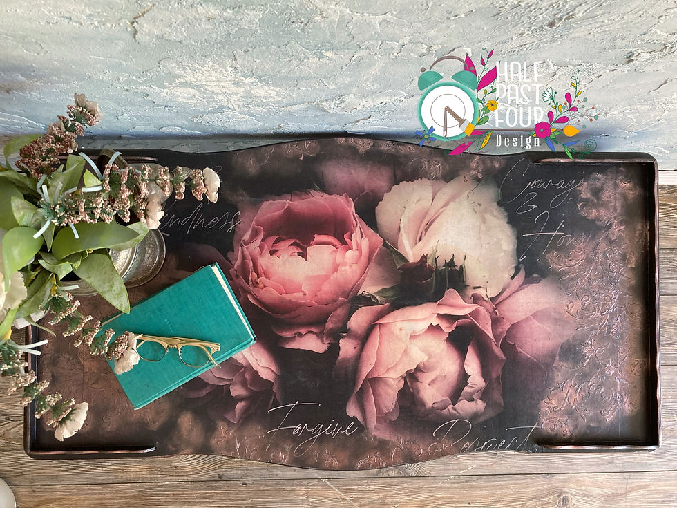 Thumbnail: view of the table taken from the top. Beautiful dusty pink and cream large florals decoupage paper.