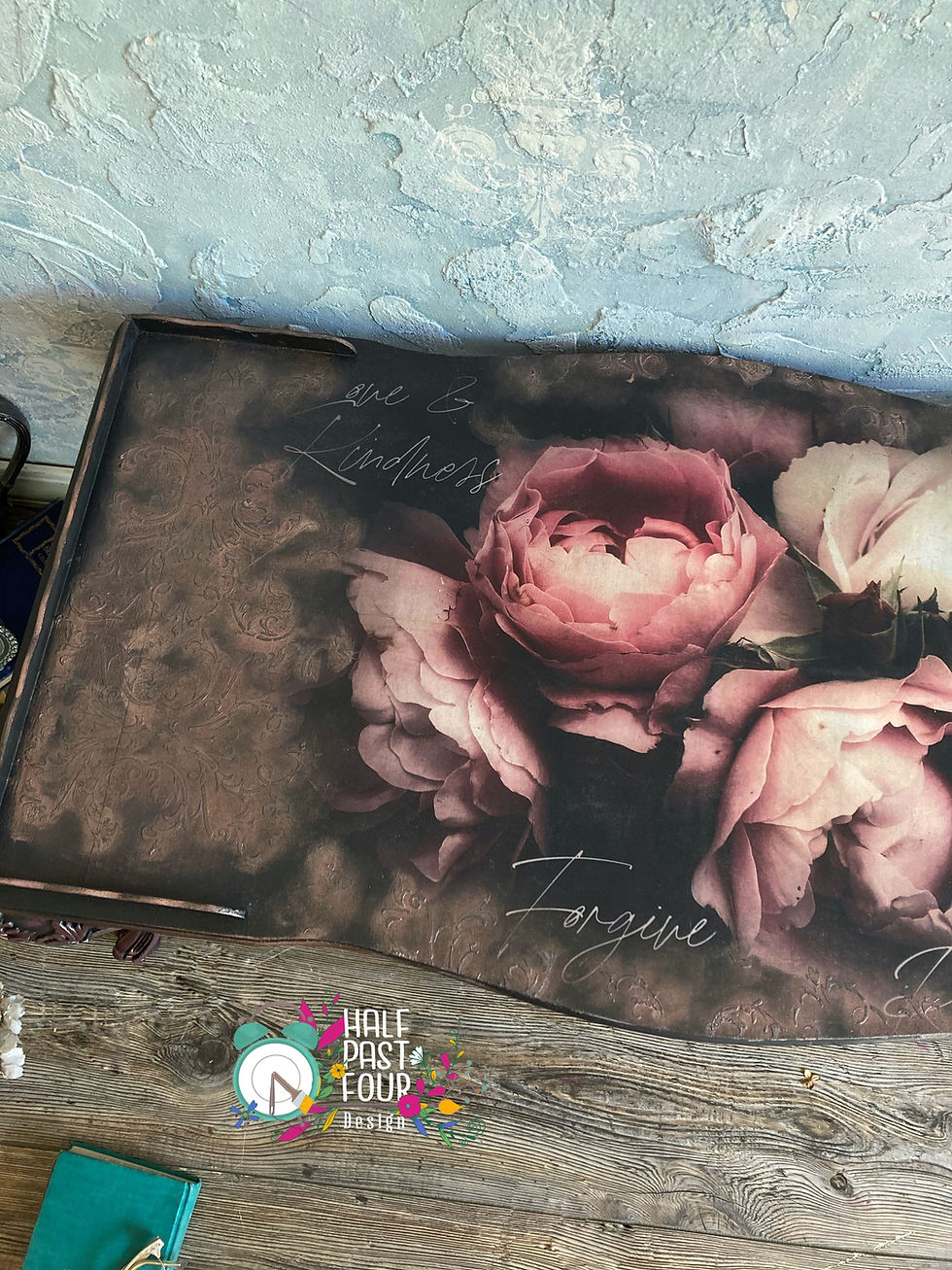 Thumbnail: top left half of the table with no staging items so the details show of the raised stenciling and floral paper.
