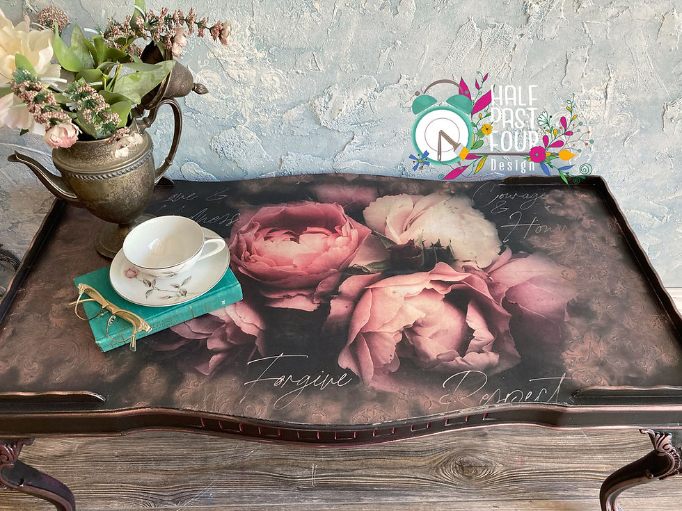 Thumbnail: top view of the table, black background with beautiful dusty pink and cream florals and raised stenciling.