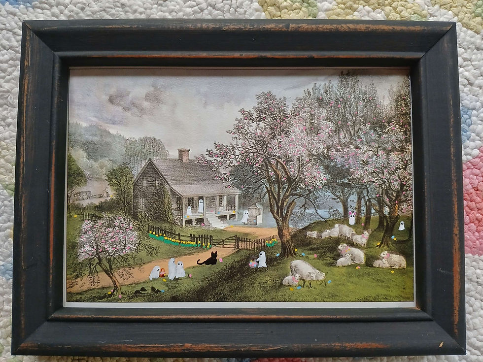Thumbnail: Framed print of Springtime. A farm house in the back ground pink flowering trees, sheep laying around in grass. Ghosts and Easter eggs around.